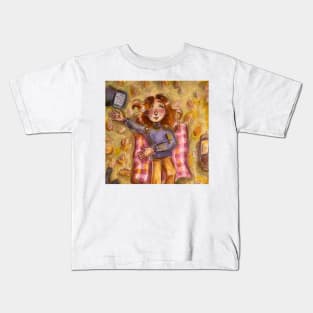 A cartoon girl laying in the grass in fall/autumn (fall picknick) traditional art Kids T-Shirt